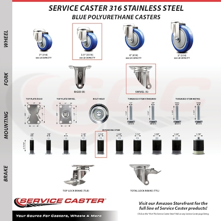 Service Caster 3.5 Inch 316SS Blue Poly Swivel 1-1/4 Inch Expanding Stem Caster Brake, 2PK SS316EX20S3514-PPUB-BLUE-2-TLB-2-114